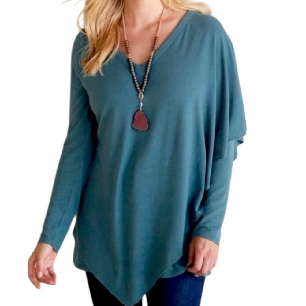 Soft Surroundings Madeline Legion Blue Draped Tunic Holiday Blouse Size Large